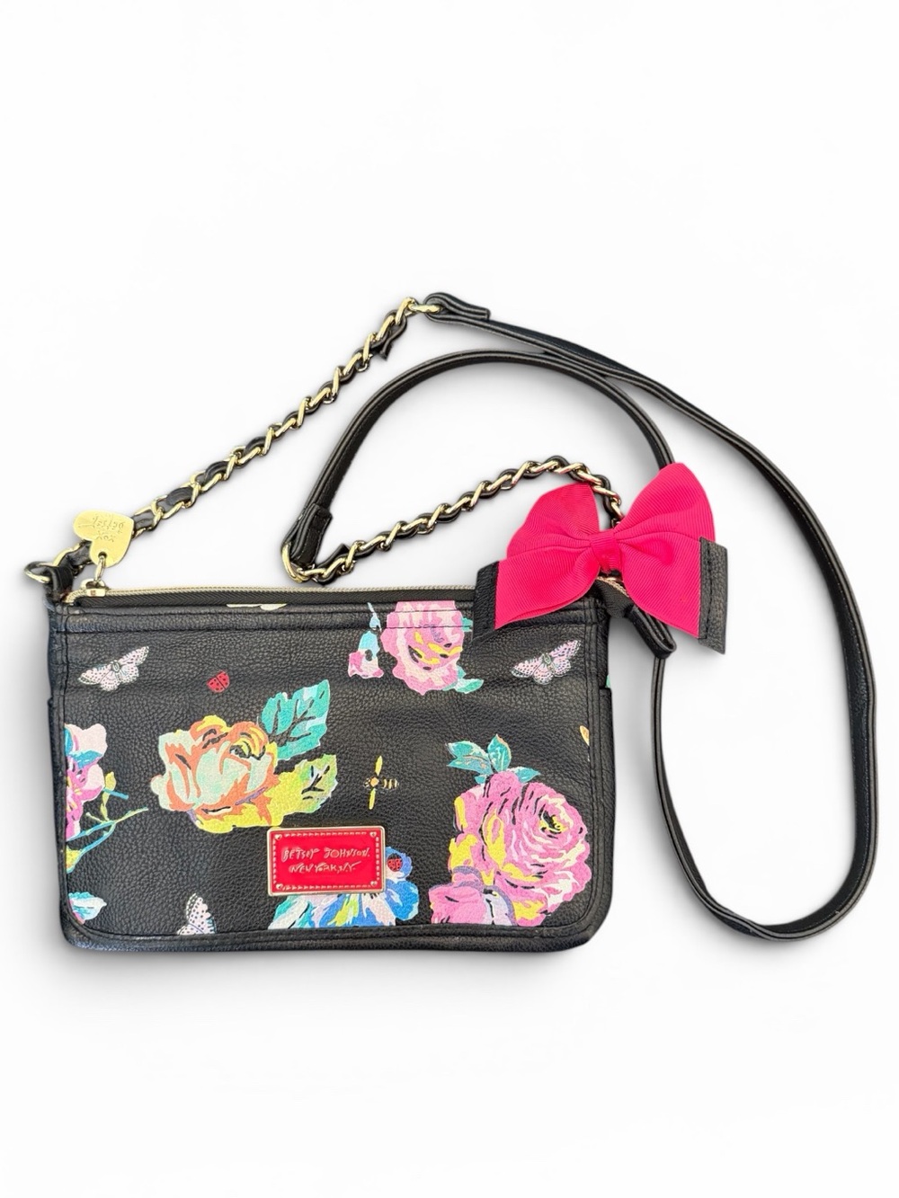 Betsey Johnson Black Floral Crossbody with Pink Bow Excellent Condition